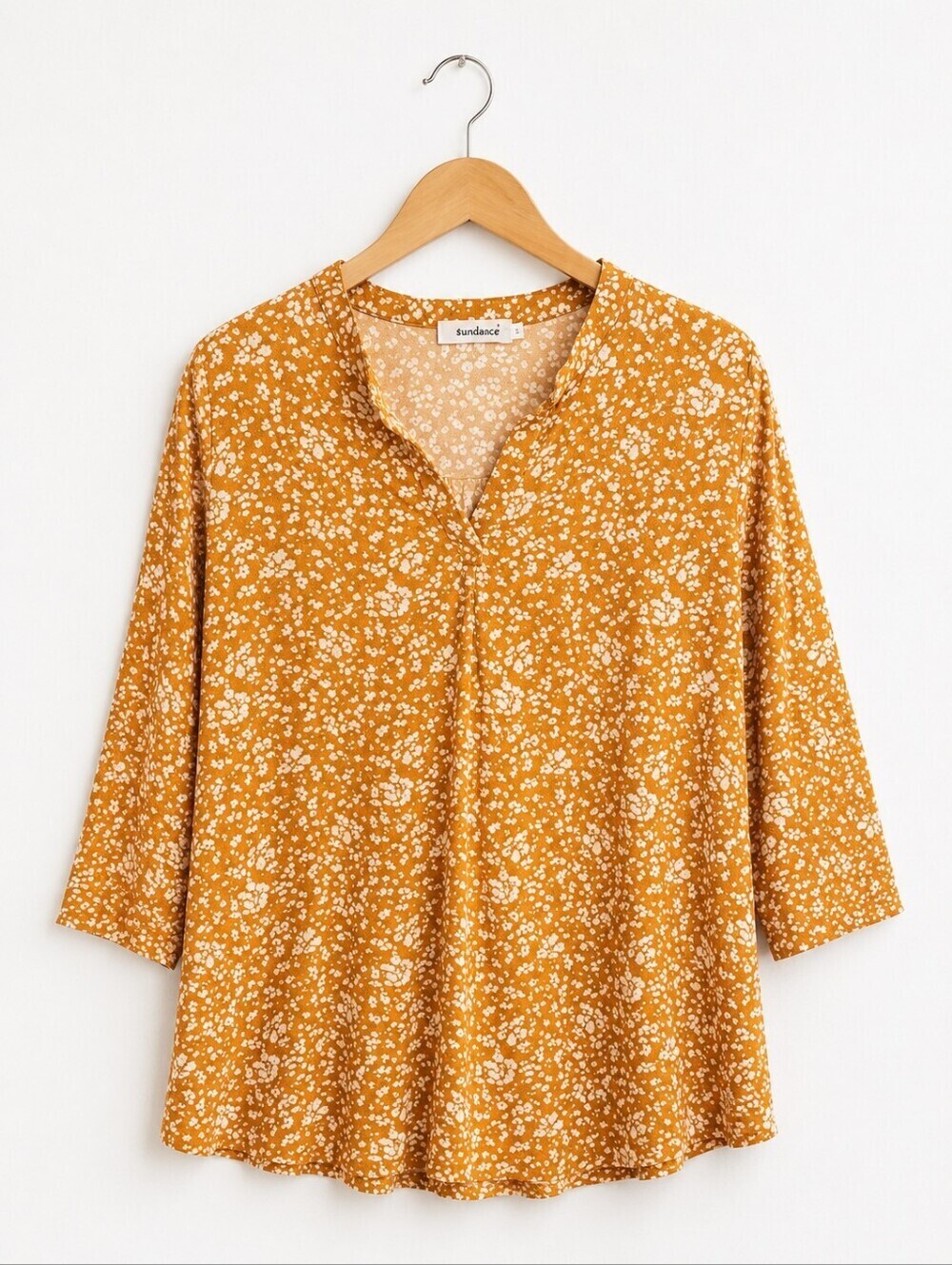 Mustard Floral Tunic Top | Women's Boho Split Neck 3/4 Sleeve Blouse